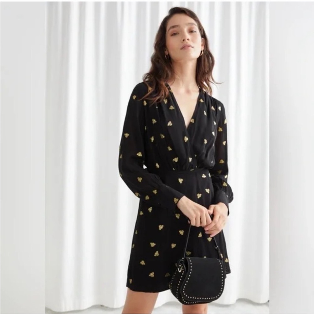 & Other Stories Metallic Gold Bee Print Mini Wrap Dress Black Size 8